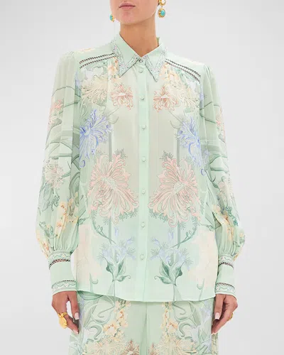 Camilla Floral Silk Button-front Blouson-sleeve Blouse In Dreaming In Dutch