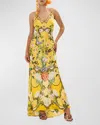 Camilla Floral Silk Long Bias Slip Dress With Train In Paths Of Gold
