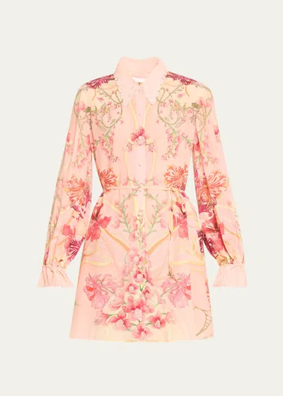 Camilla Floral Silk Mini Shift Shirtdress In Blossoms And Brus