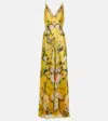 Camilla Floral Silk Long Bias Slip Dress With Train In Yellow