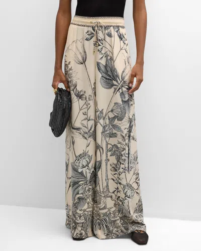 Camilla Floral Silk Straight Wide-leg Pants In Etched Into Eternity