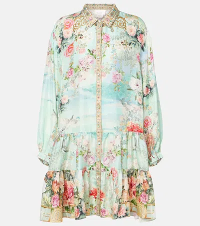 Camilla Floral Silk Twill Shirt Dress In Blue