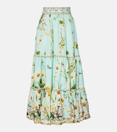Camilla Floral Freefall Tiered Linen Maxi Skirt In Green