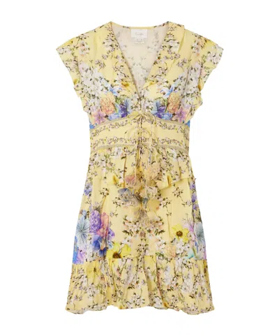 Camilla Floral-print Linen-voile Mini Dress In Yellow