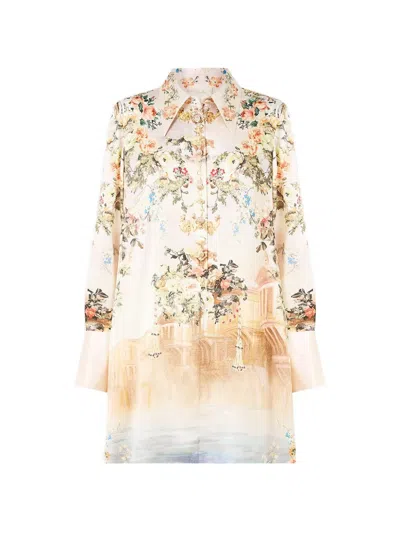Camilla Floral-print Mini Shirt Dress In Neutral
