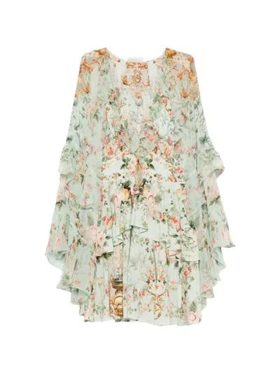 Camilla Short Waistband Dress With Ruffle Sleeve Wildflower Wunderland In Green