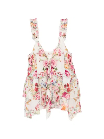 Camilla Floral-print Ruffled Top In White