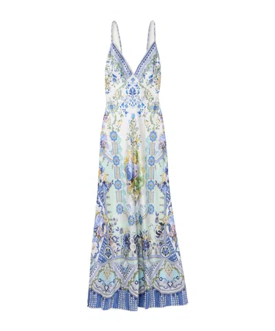 Camilla Crystal-embellished Floral-print Silk-satin Maxi Dress In Blue