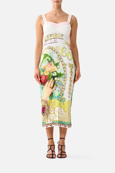 Camilla Form Fitted Midi Dress With Topstitching Painted Prayers In Yellow