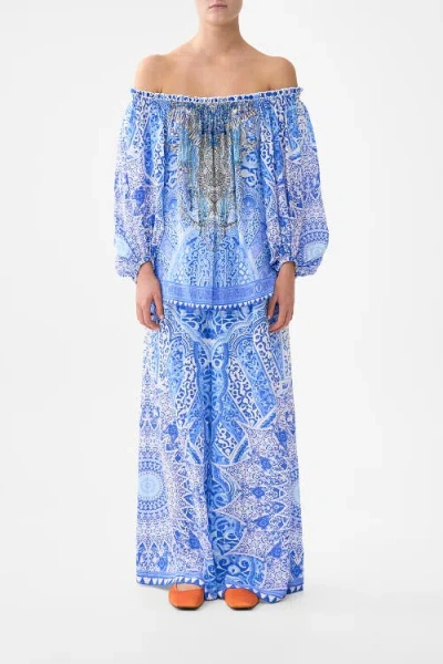 Camilla Frill Off Shoulder Top In Blue