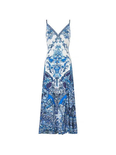 Camilla Jersey Tank Dress With Contrast Skirt In Isnik Lullaby In Blue
