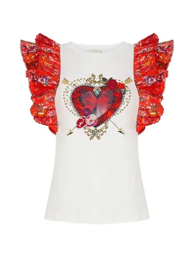 Camilla Frill-sleeve T-shirt In White