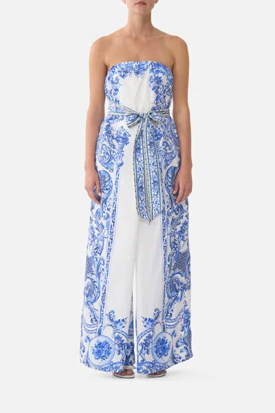 Camilla Front Pleat Strapless Jumpsuit Ceramic Panoramic In Blue
