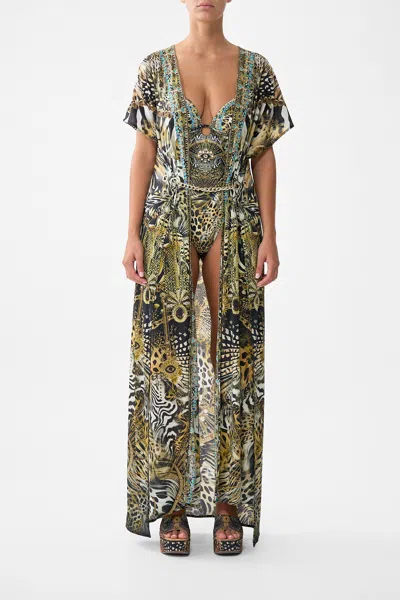 Camilla Front Split Beach Maxi Dress With Chain Feline Folklore In Green