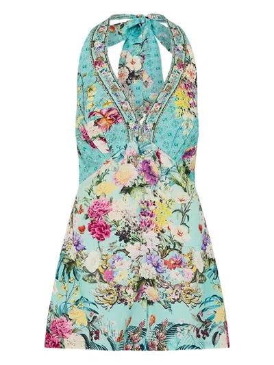 Camilla Gardens Of Queluz Halter-neck Floral Playsuit In Blue