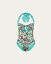 Camilla Gardens Of Queluz Tie-front Halter One-piece Swimsuit In Gardens Of Queluz