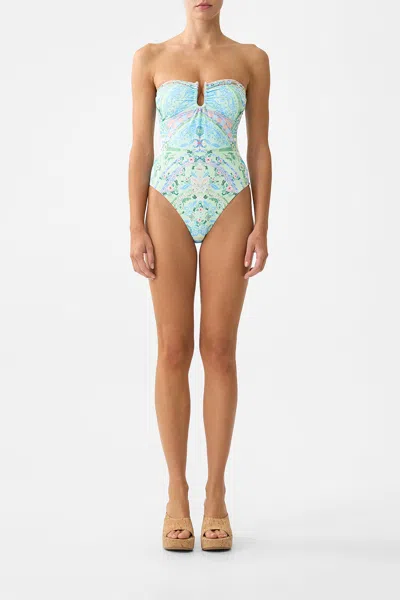 Camilla Gathered Bandeau One Piece With U Ring Front Midsummer Mosaics In Blue