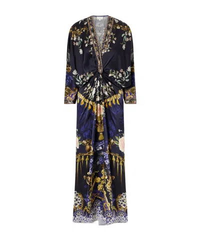 Camilla Gathered Embellished Printed Silk Maxi Dress In Multi
