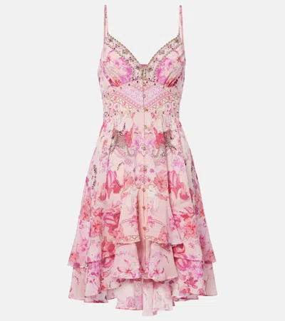 CAMILLA GATHERED FLORAL SILK MINIDRESS