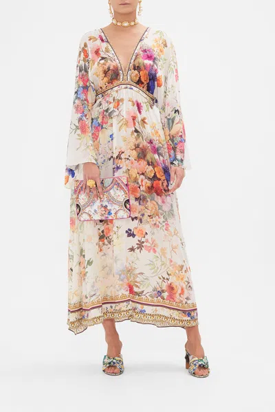 Camilla Gathered Floral Silk Maxi Dress In Beige/white
