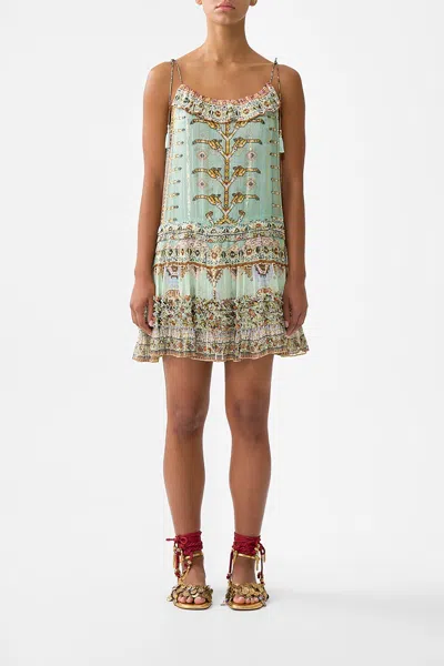 Camilla Gathered Mini Tiered Dress With Frill Detail Legend Has It In Green