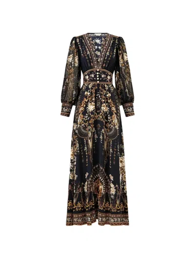 Camilla Gathered Sleeves Embellished Dress In Multi