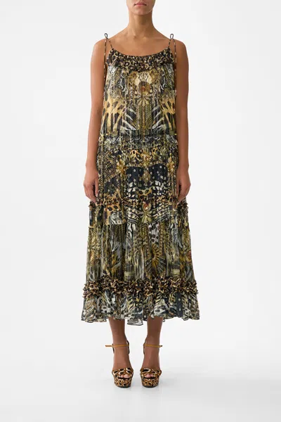 Camilla Gathered Tiered Dress With Frill Detail Feline Folklore In Brown