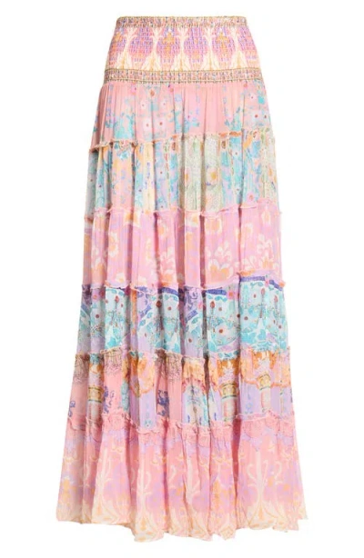 Camilla Gaudi Print Smocked Waist Tiered Silk Maxi Skirt In Animal Print