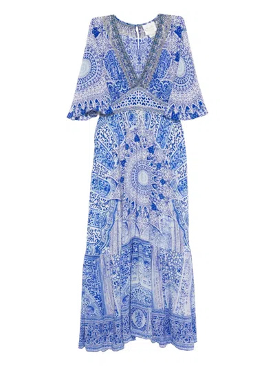 Camilla Graphic-print Ruffled-hem Dress In Blue