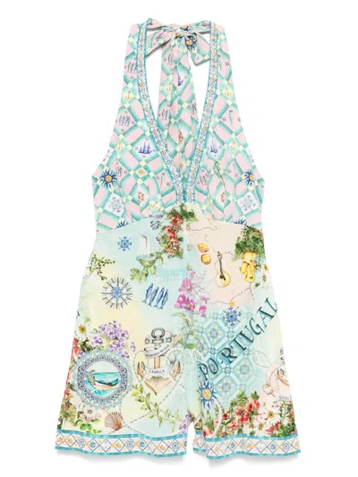 CAMILLA GRAPHIC PRINT SILK JUMPSUIT WITH HALTERNECK TIE AND V-NECKLINE