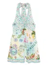 Camilla Graphic Print Silk Jumpsuit With Halterneck Tie And V-neckline In Neutral
