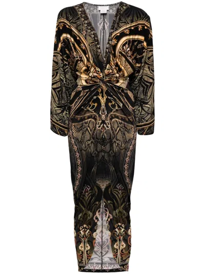 Camilla Graphic-print Twist-front Dress In Black