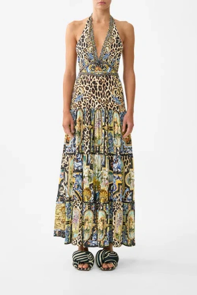 Camilla Halter Jersey Dress With Tiered Skirt In Brown