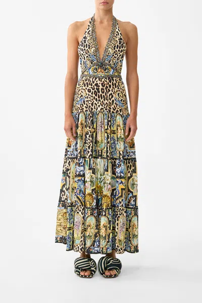 Camilla Halter Jersey Dress With Tiered Skirt Sevillian Style In Multi