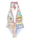 Camilla Plunge Halter One Piece Swimsuit In Blue