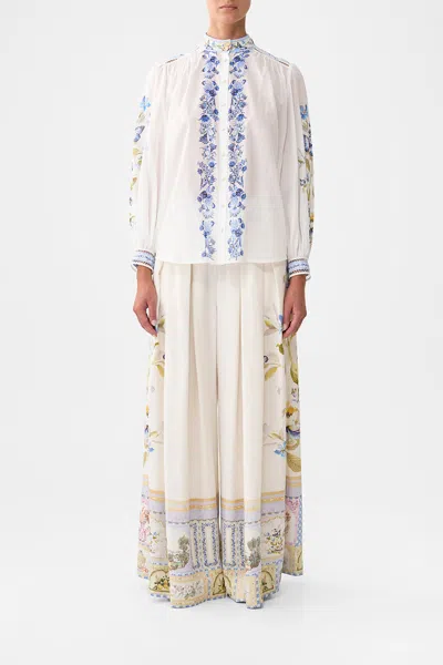 Camilla High Neck Button Through Blouse Botanical Ballads In White