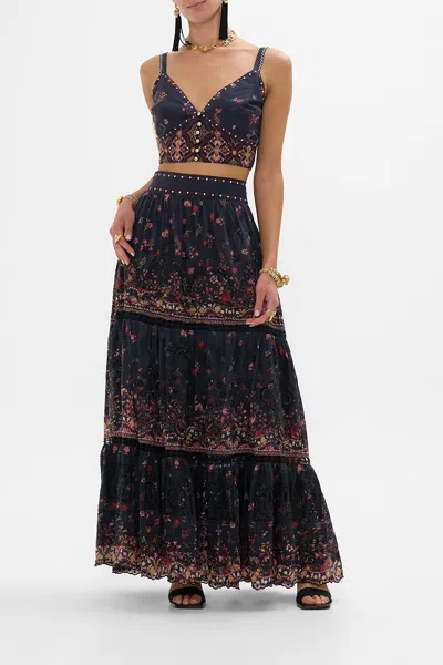 Camilla High Waisted Embroidered Tiered Skirt Loom To Tomb In Gray