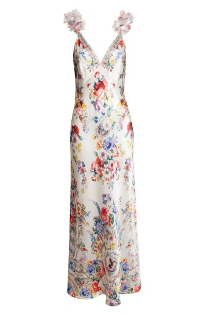 Camilla V Neck Bias Slip Dress With Back Frill In Multi