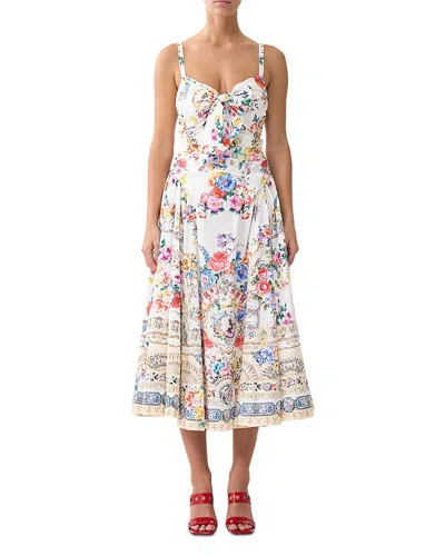 Camilla Ballerina Tie-detailed Cutout Ruched Floral-print Cotton-blend Midi Dress In Multi