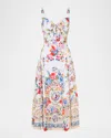 Camilla Ballerina Tie-detailed Cutout Ruched Floral-print Cotton-blend Midi Dress In Multi
