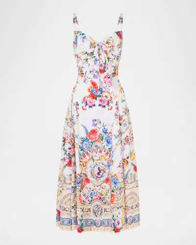 Camilla Ballerina Tie-detailed Cutout Ruched Floral-print Cotton-blend Midi Dress In Multi