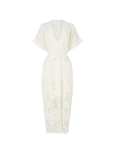 Camilla I Left My Heart In Granada Tie Waist Lace Kaftan In Neutral
