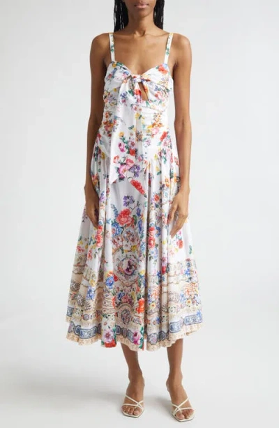 Camilla Ballerina Tie-detailed Cutout Ruched Floral-print Cotton-blend Midi Dress In Multi