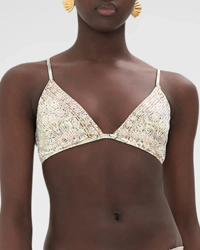 Camilla Ivory Tower Tales Crystal Triangle Bikini Top In Beige/green