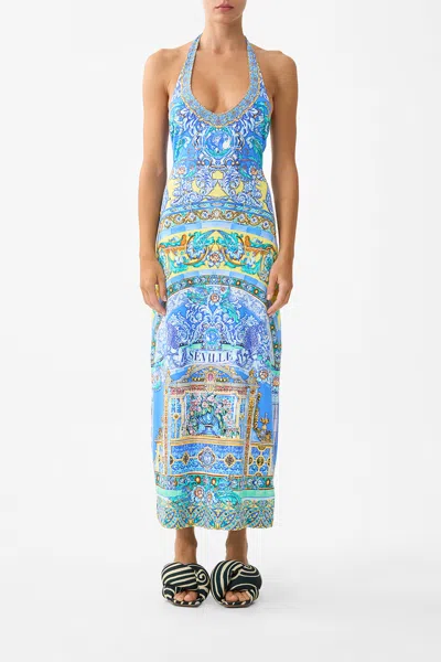 Camilla Jersey Halter Dress Beneath The Andalusian Sun In Blue