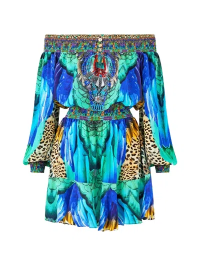 Camilla Jungle Flight Off-shoulder Short Dress In Blue
