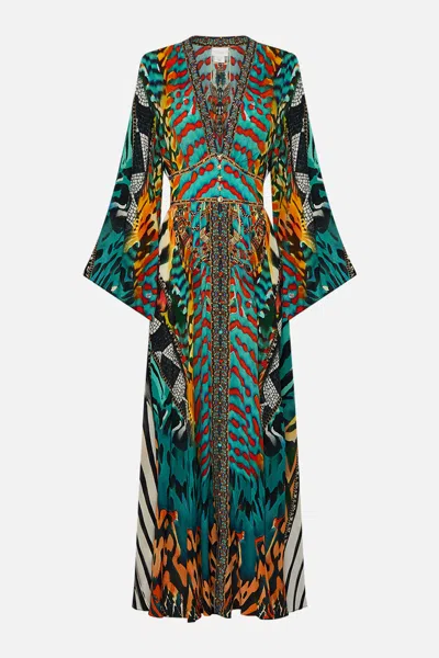 Camilla Kimono Sleeve Dress With Shirring Detail Desert Visions In Green