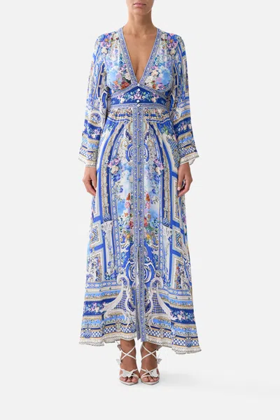 Camilla Kimono Sleeve Dress With Shirring Detail Ottoman Opulence In Blue