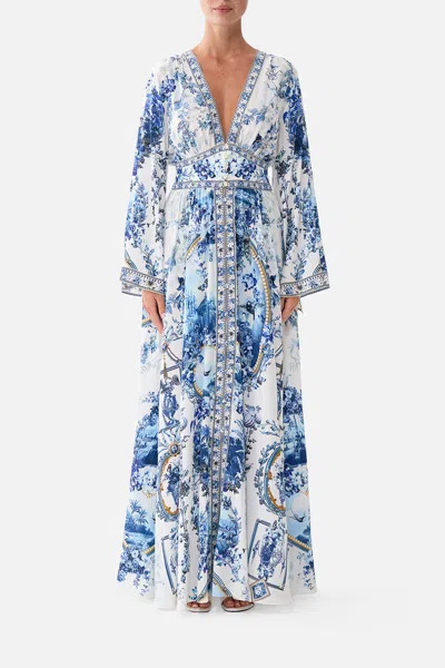 Camilla Kimono Sleeve Dress With Shirring Detail The Porcelain Parlour In Blue