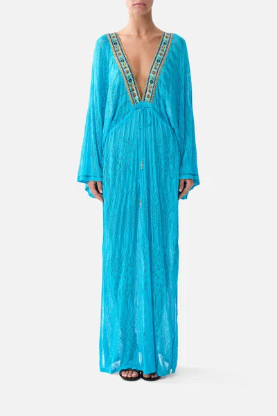 Camilla Knit Kaftan With Silk Neckline Totems And Treasures In Blue